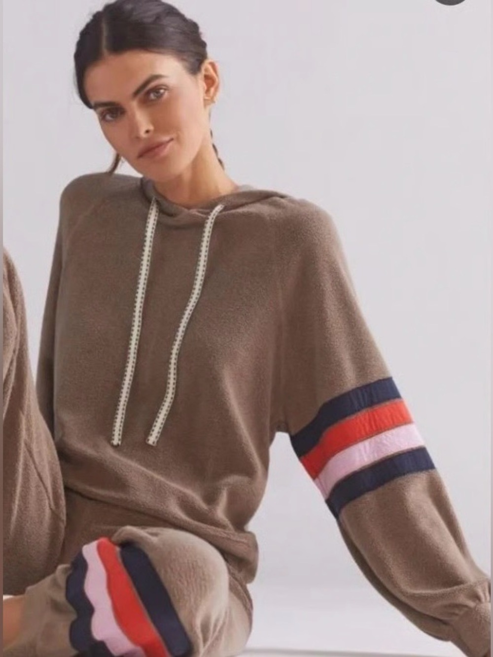 Sundry Striped Taupe Crewneck Teddy Bear Fleece Hoodie